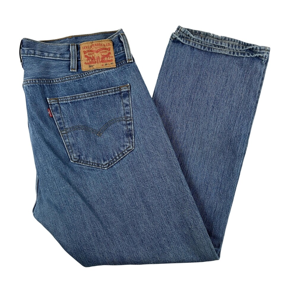 Levis 501 Jeans Mens 38x30 Medium Wash Blue Denim Regular Straight Button Fly